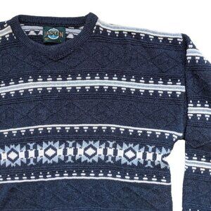 Vintage 90s Jantzen Grandpa Dad Sweater L Fair Isle Striped Blue Cotton Unisex